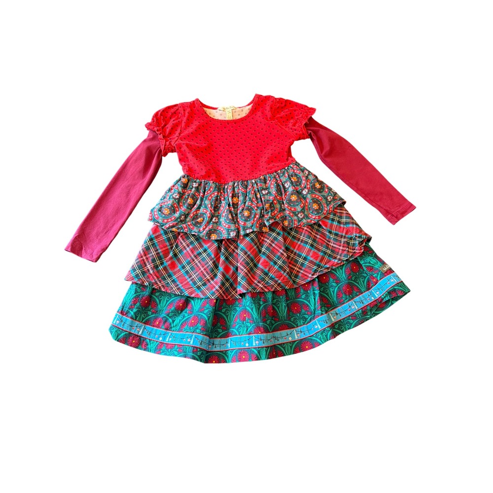 Matilda Jane Dress Red Mixed Print Tiered Ruffle Long Sleeve Boho Girl Size 6